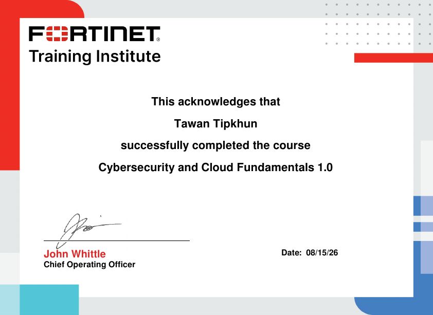 Fortinet certificate: Cybersecurity and Cloud Fundamentals